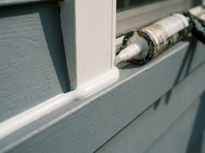 Fresh bead of caulk tooled along the joint between window trim and siding
