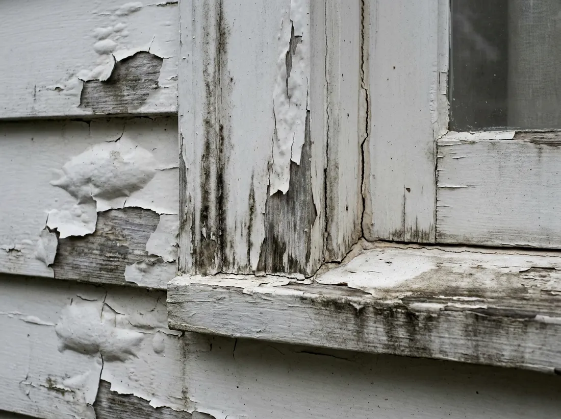 Exterior paint blistered and peeling away from wood trim, with mildew staining at the joint