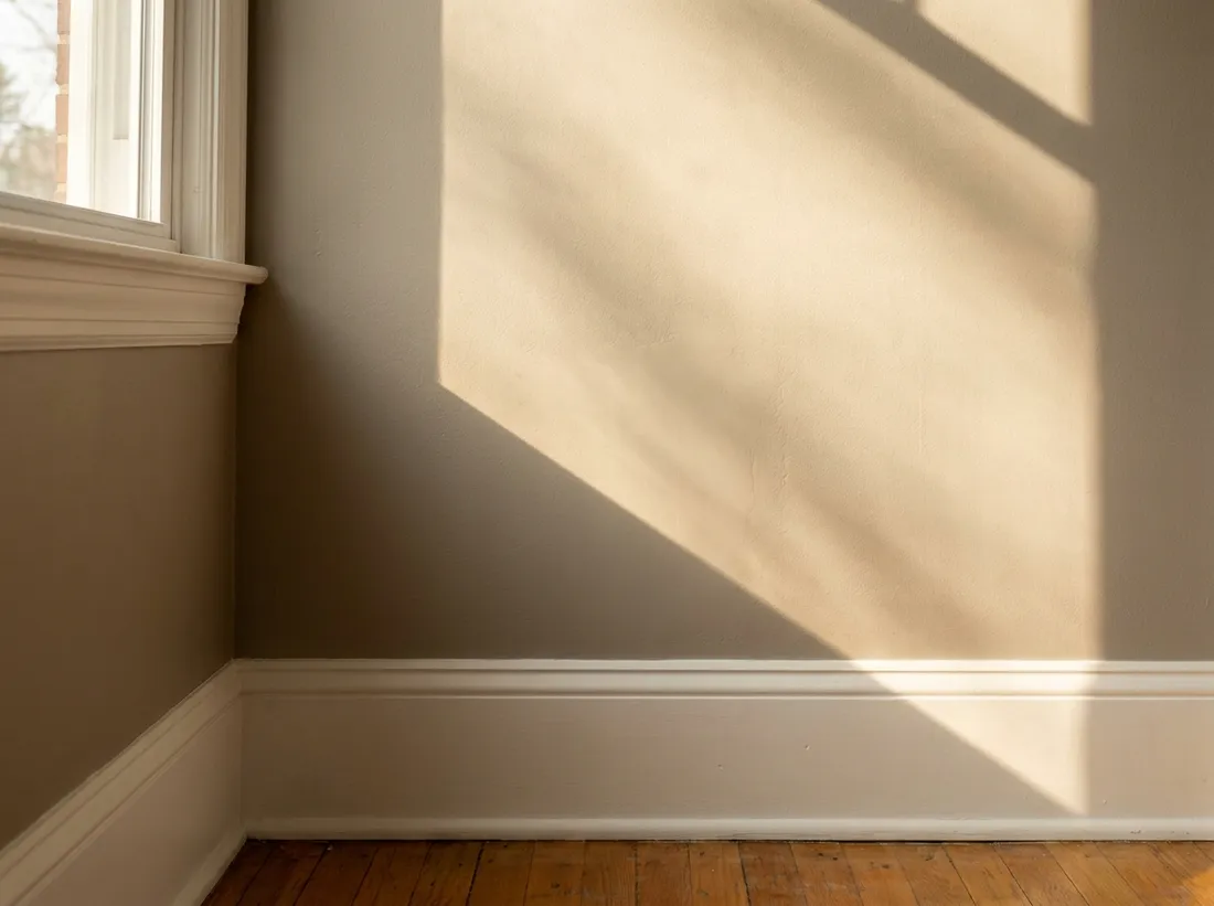 Wall and baseboard after a trim replacement and patch, painted and blended with no visible seam