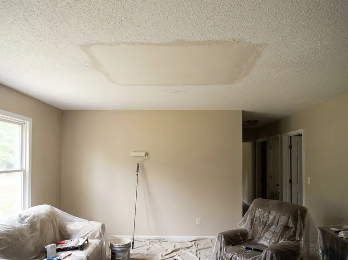 Ceiling water stain sealed and primed before the room is painted