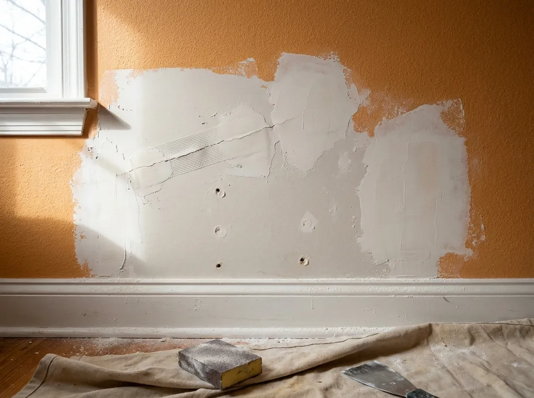 Wall holes filled and a crack bridged, with the surrounding texture rebuilt before painting