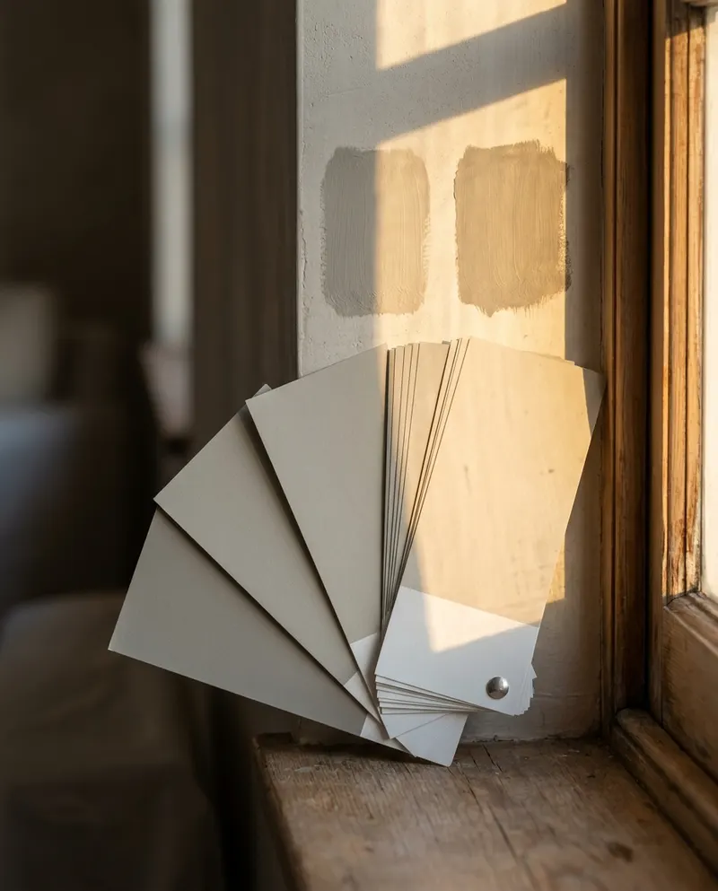 Paint chips and wall swatches read in the actual room light of a Charleston, SC home