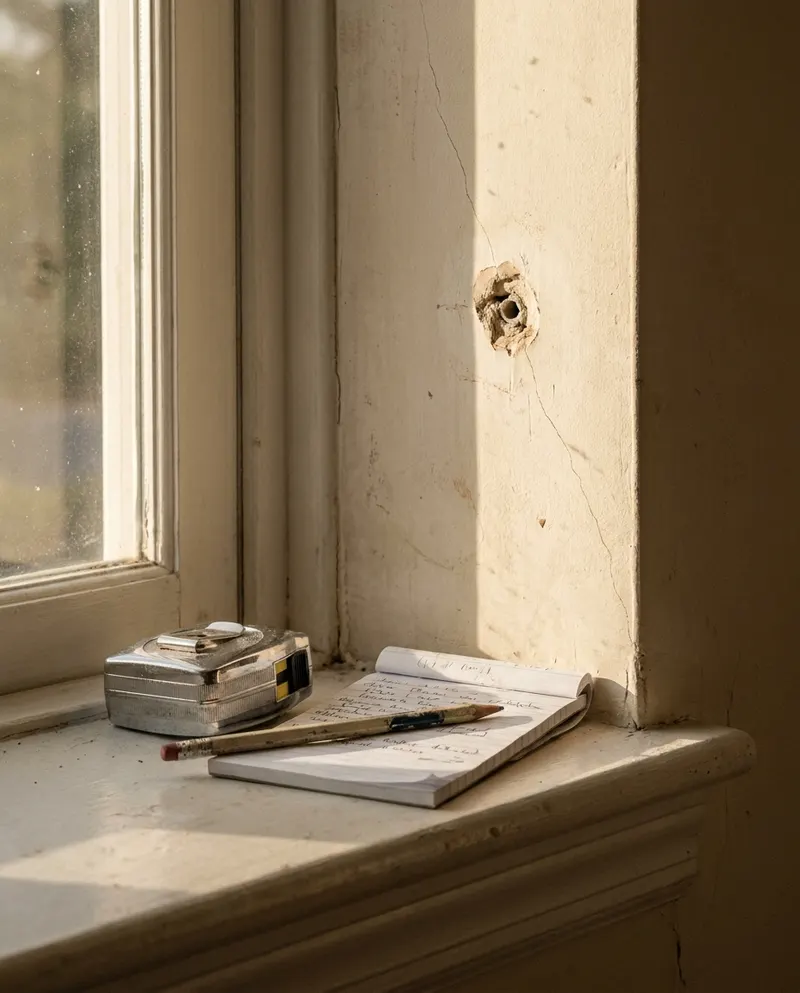 Tape measure and notepad on a windowsill during an estimate visit, beside a filled anchor hole
