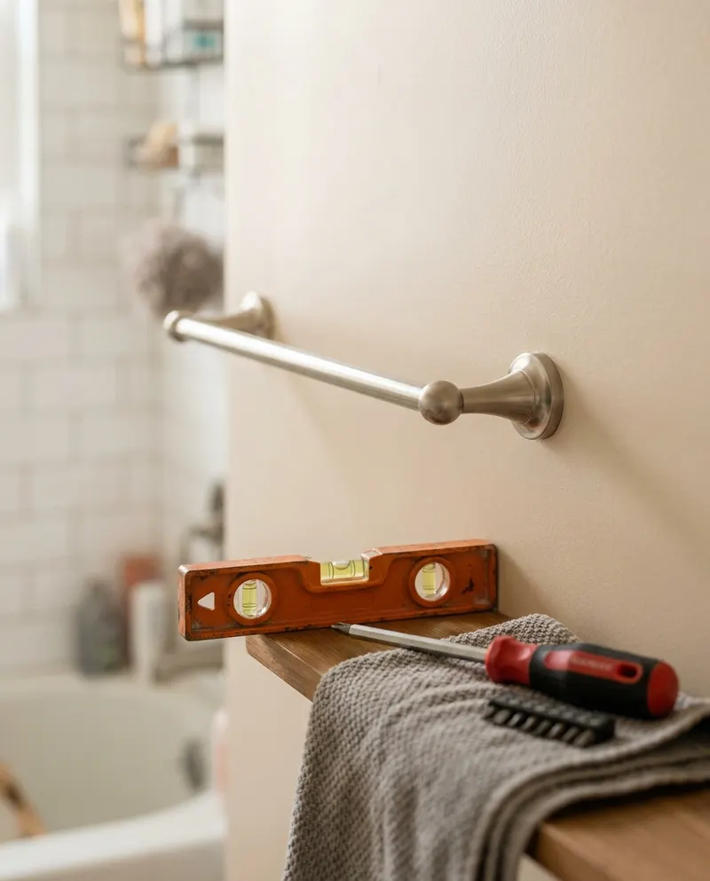 Towel bar mounted level on a freshly painted wall, with the level still on the shelf below
