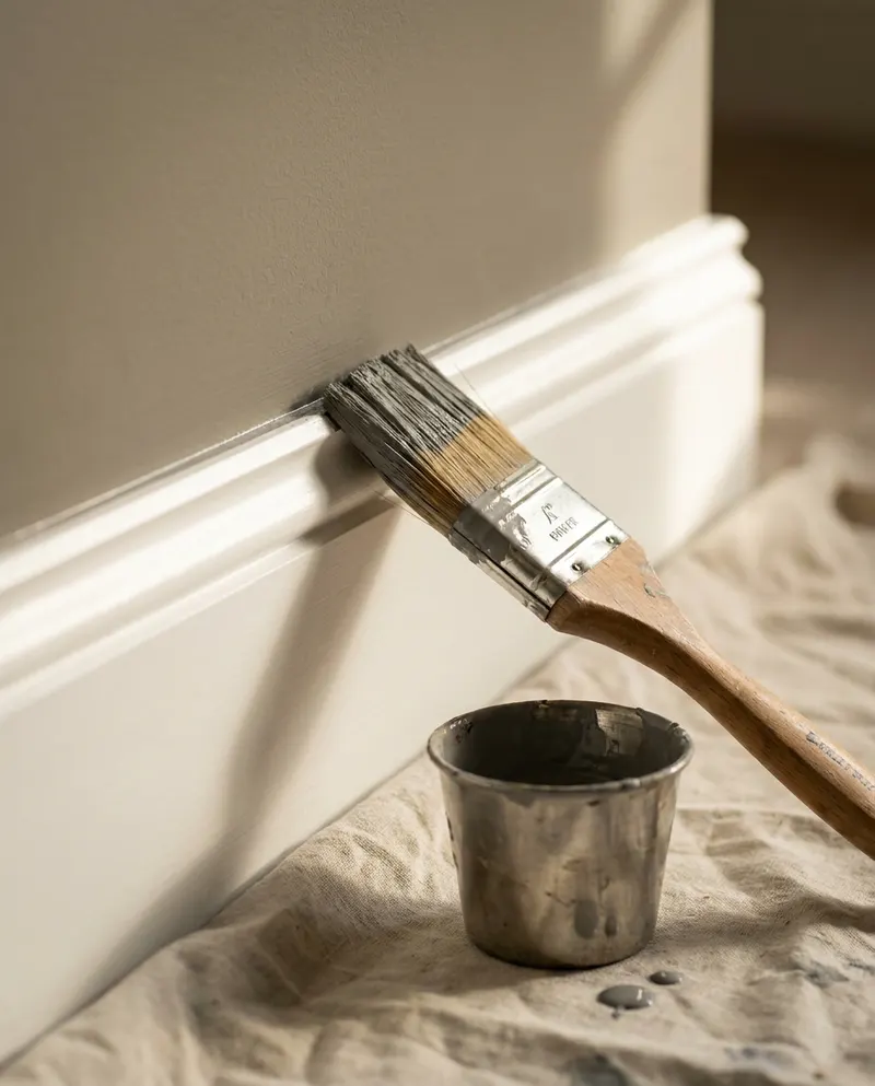 Brush resting on the cut line where the wall meets white trim, in a Goose Creek, SC home