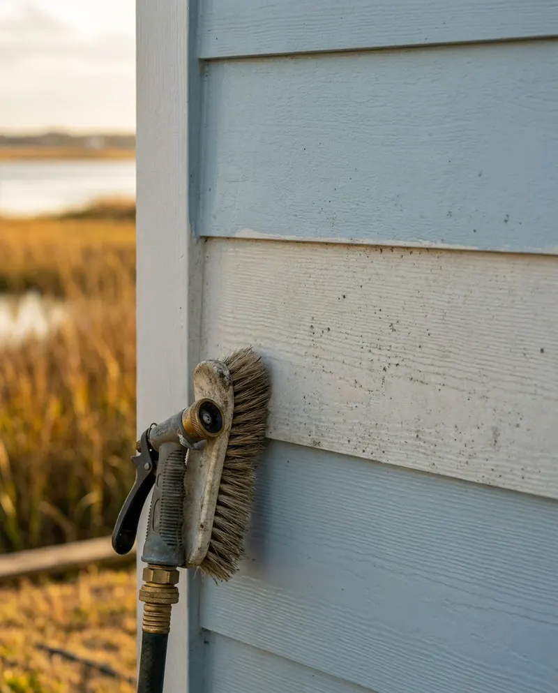 Washed and unwashed siding side by side on a Mount Pleasant, SC home, with the salt haze still visible