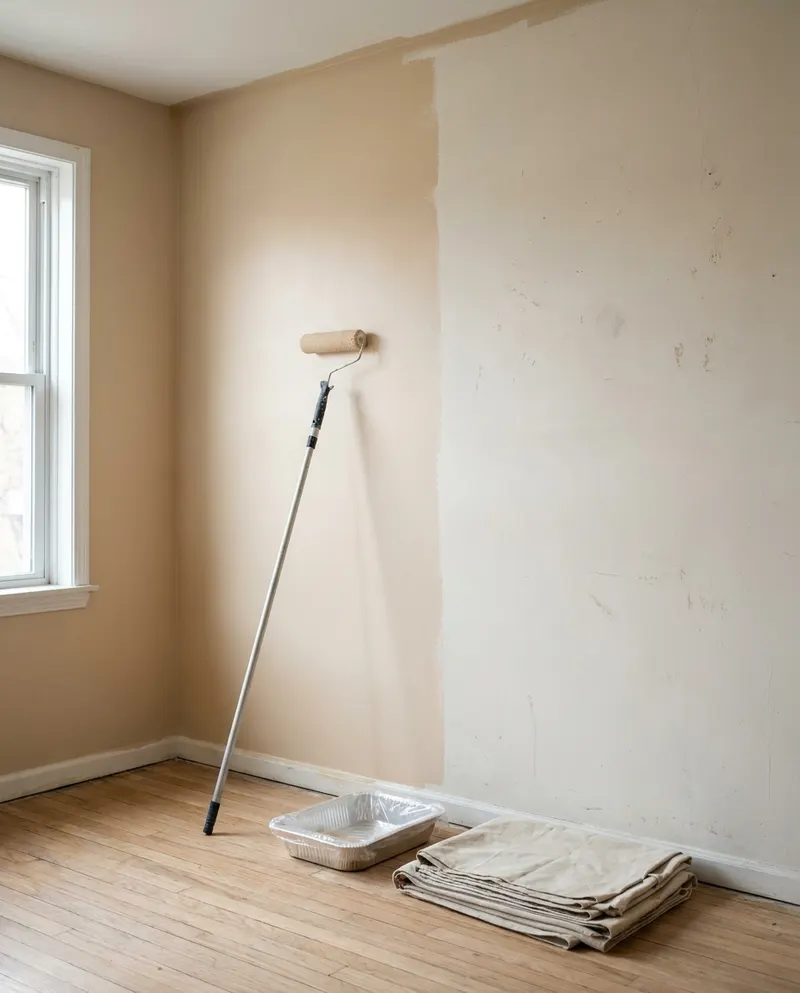 Roller and tray in an empty North Charleston, SC unit, half the wall already rolled