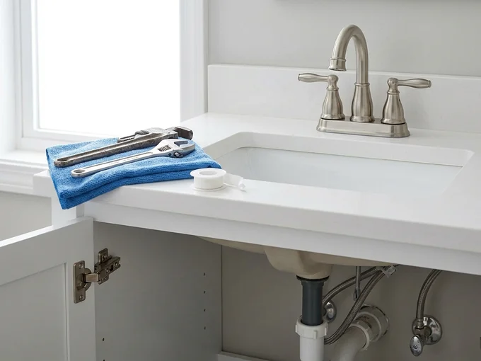 New faucet installed on a bathroom vanity during handyman work