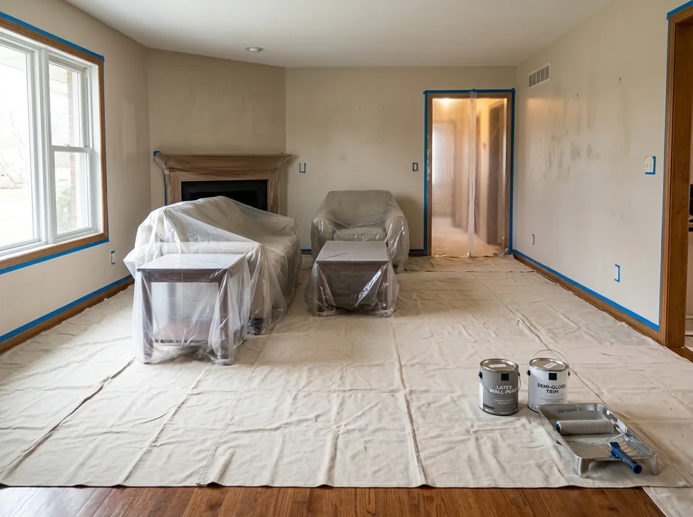 Floors and furniture covered with drop cloths before interior painting begins