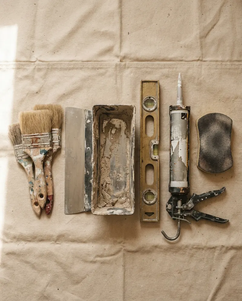 The brushes, taping knife, level and caulking gun of one tradesman, laid out on a drop cloth