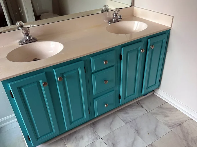 Bathroom vanity after cabinet painting by Cypress Prime